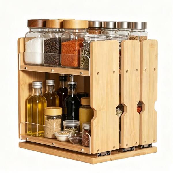 2-Tier Bamboo Pull Out Spice Rack Organizer with Wide Drawer for Cabinet, Heavy-Duty Sliding Vertical Organization