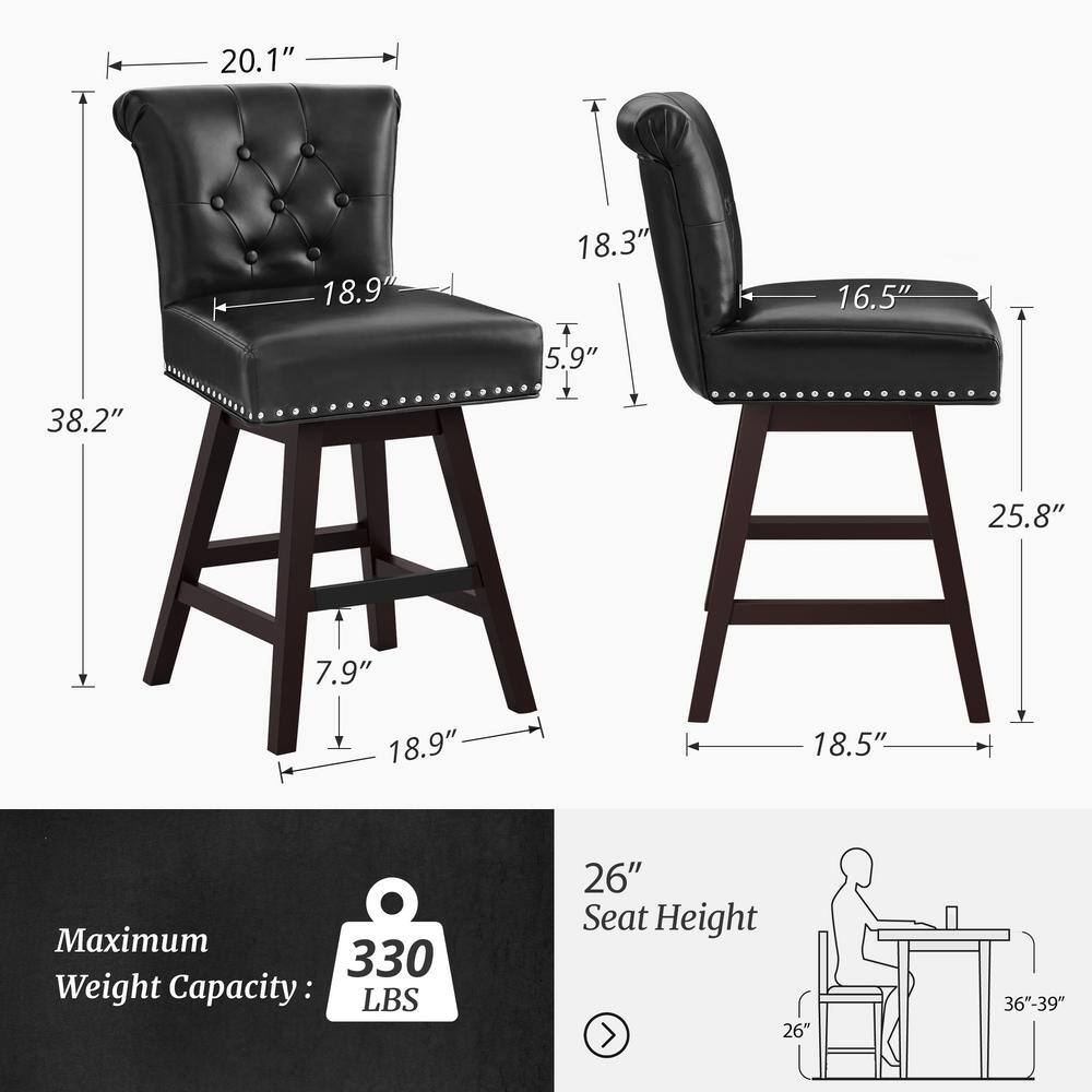 Black Faux Leather Swivel Counter Stool with Wood Legs