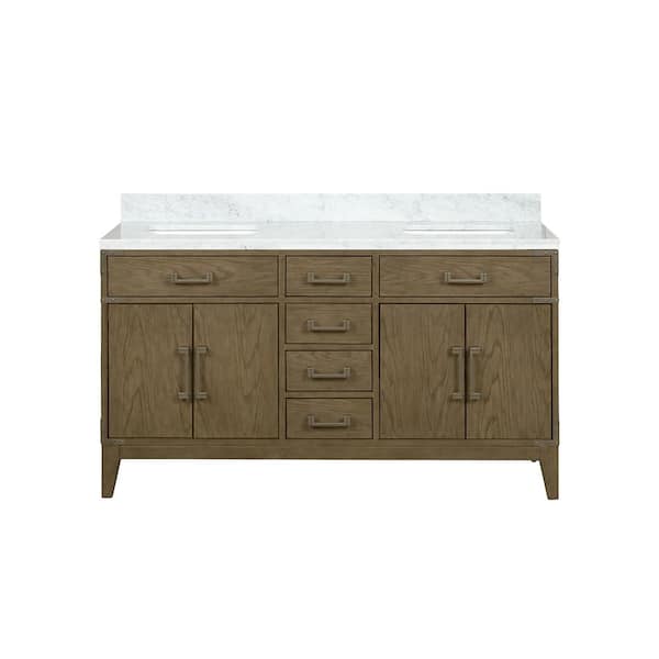 Fossa 60 in W x 22 in D Grey Oak Double Bath Vanity and Carrara Marble Top