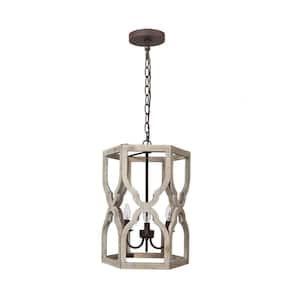 Farmhouse 3-Light Brown Candle Wood Drum Cage Chandelier for Kitchen with No Bulb Included