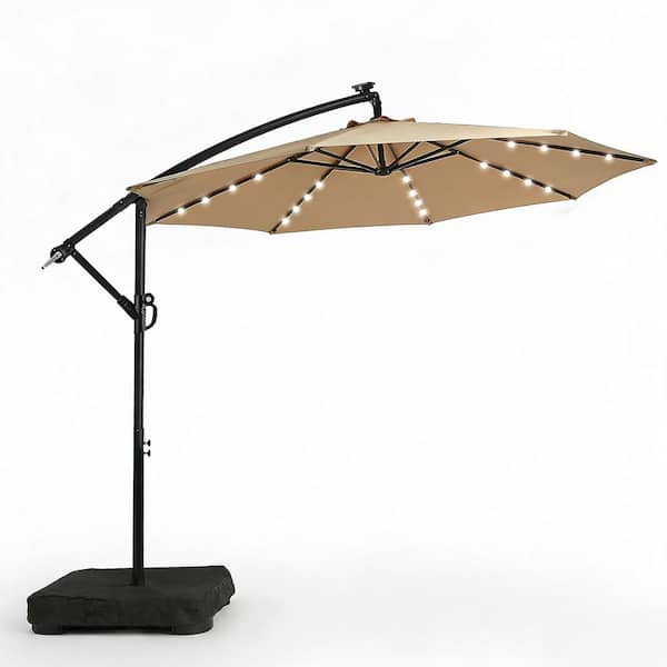 10 ft. Solar LED Patio Cantilever Umbrella Outdoor with Base in Tan