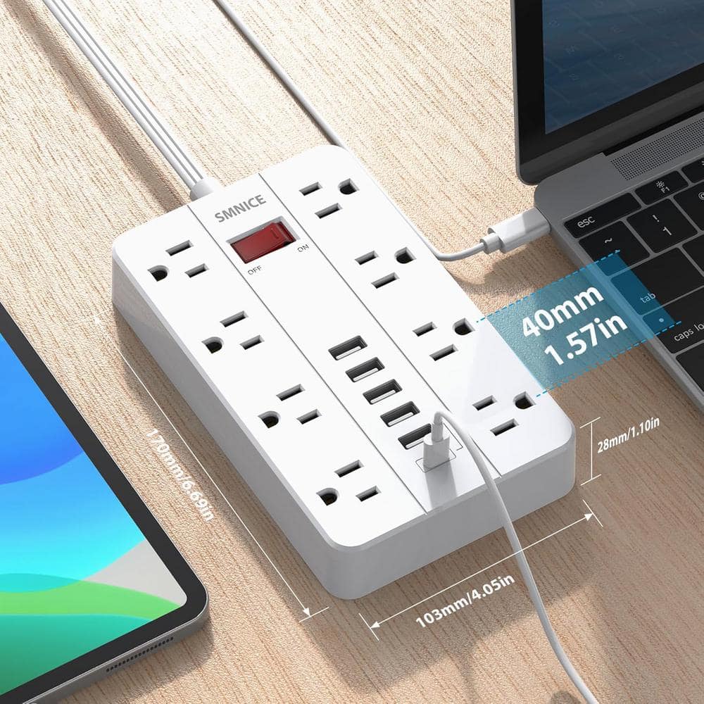White 5 ft Power Strip with 8 Outlets and 6 USB Ports
