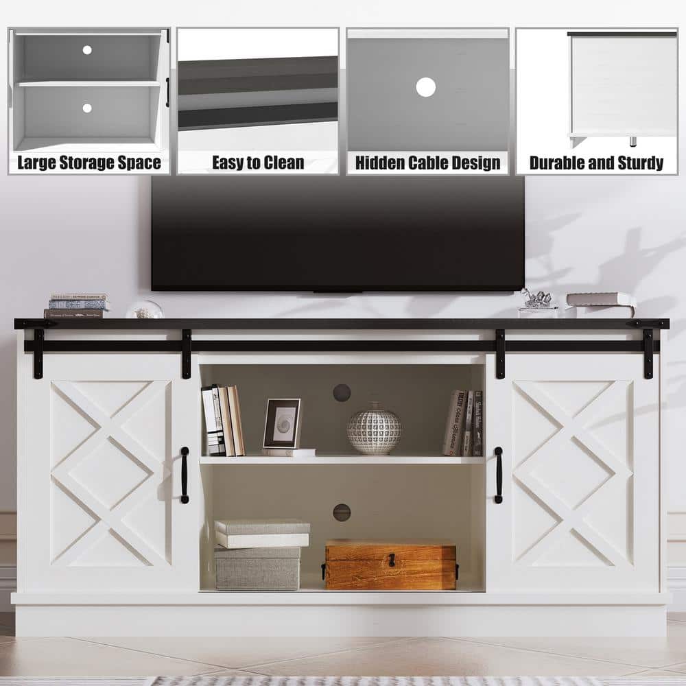 White Farmhouse 58" TV Stand with Sliding Barn Doors