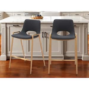 35.60 in. H Black, Gold Counter Height Metal Bar Stool with Faux Leather Seat Set of 2