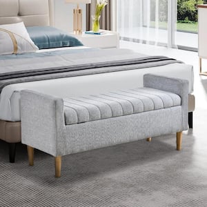 Gray 48 in. Velvet Upholstered Bedroom Bench, Ottoman Bench with Hidden Flip-Top Storage, Wood Legs