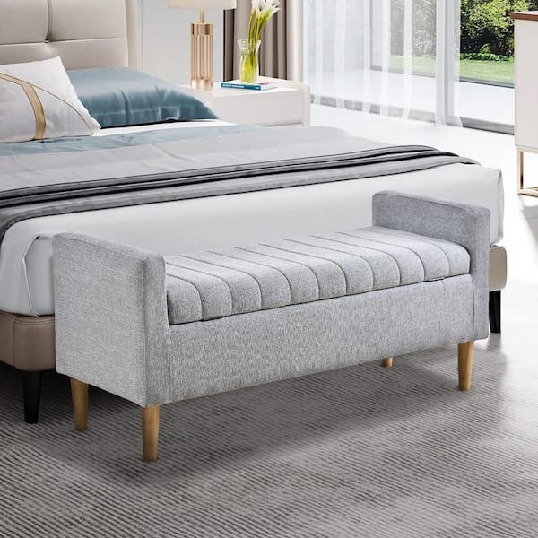 Harper & Bright Designs Gray 48 in. Velvet Upholstered Bedroom Bench, Ottoman Bench with Hidden Flip-Top Storage, Wood Legs