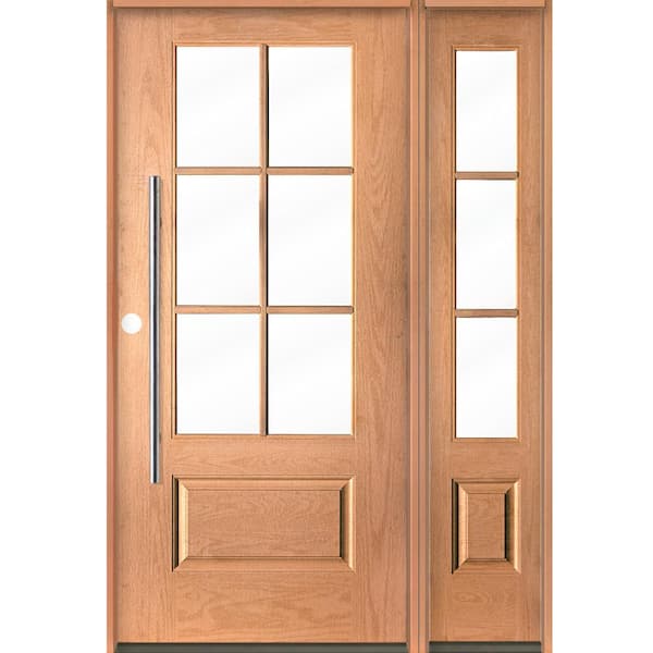 Krosswood Doors Farmhouse Faux Pivot 50 in. x 80 in. 6-Lite Right-Hand/Inswing Clear Glass Teak Stain Fiberglass Prehung Front Door wRSL