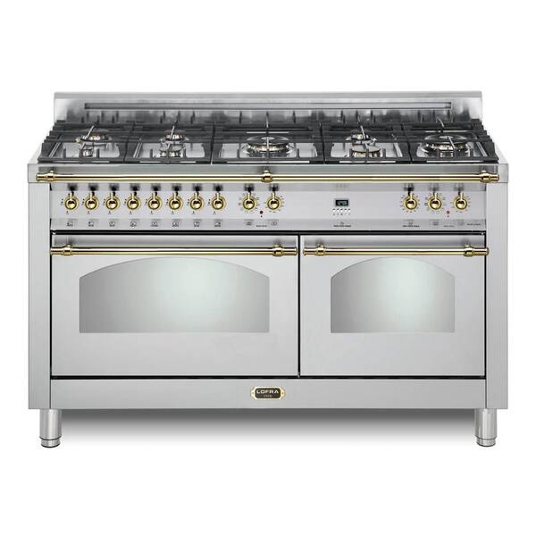 Dolcevita Series 60 in. 8 Burners Freestanding Dual Fuel Natural Gas Range in Stainless Steel with Brass Trim