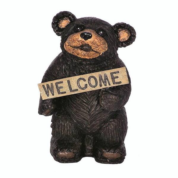 Call of The Wild 13 in. Mountain Black Bear Holding Welcome Sign Animal Statue