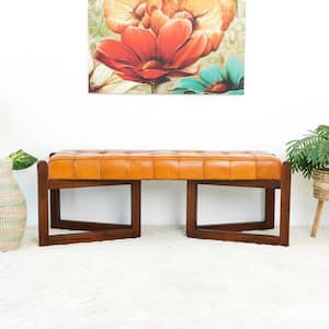 Raymond Tan Brown Leather Teak Wood 52 in. Entryway Bedroom Bench