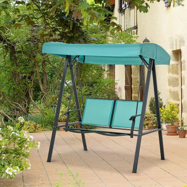 ToolCat 2-Person Metal Patio Swings with Canopy, Outdoor Canopy Swing with Adjustable Shade for Garden, Poolside, Backyard, Blue