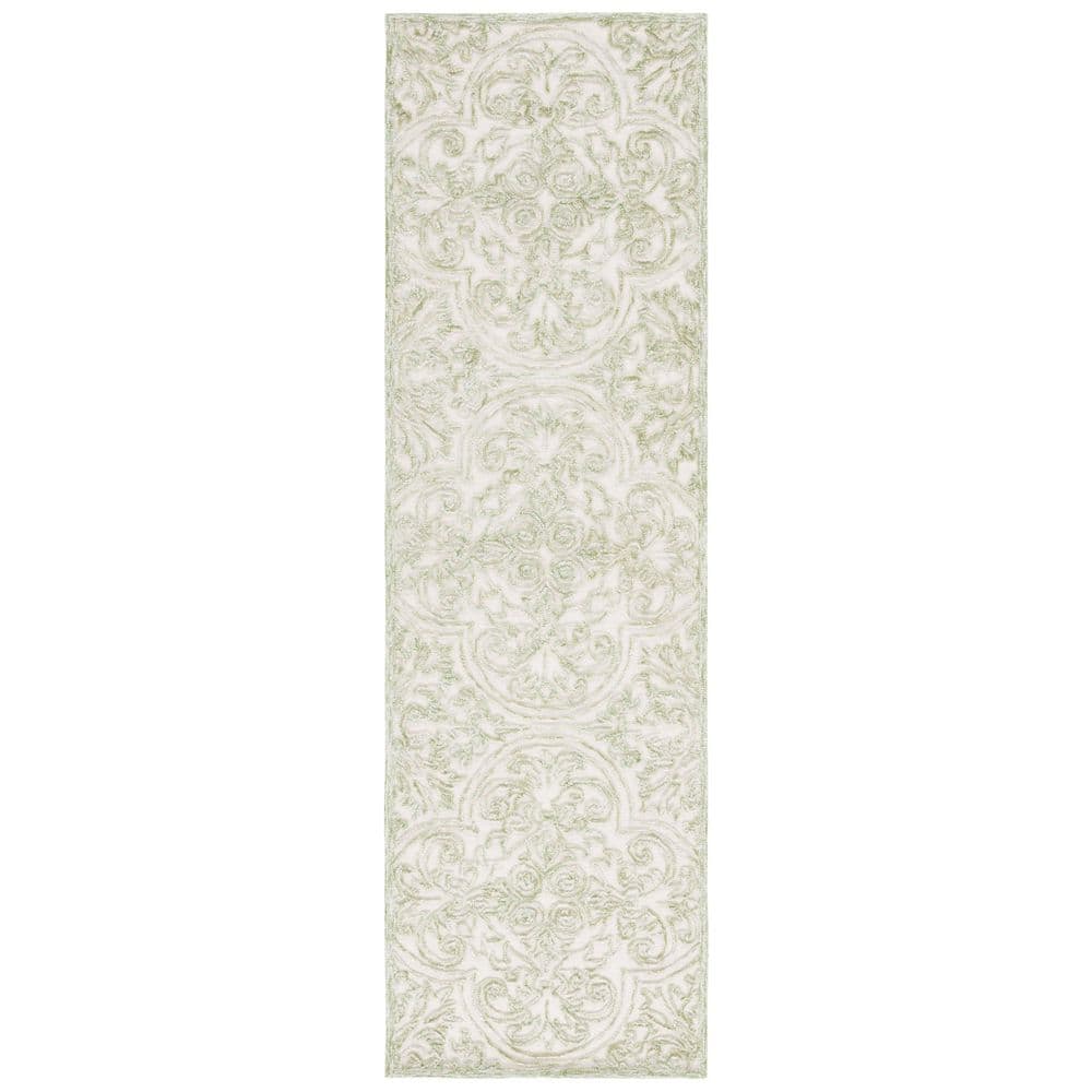 Ivory and Green Tufted Wool Runner Rug