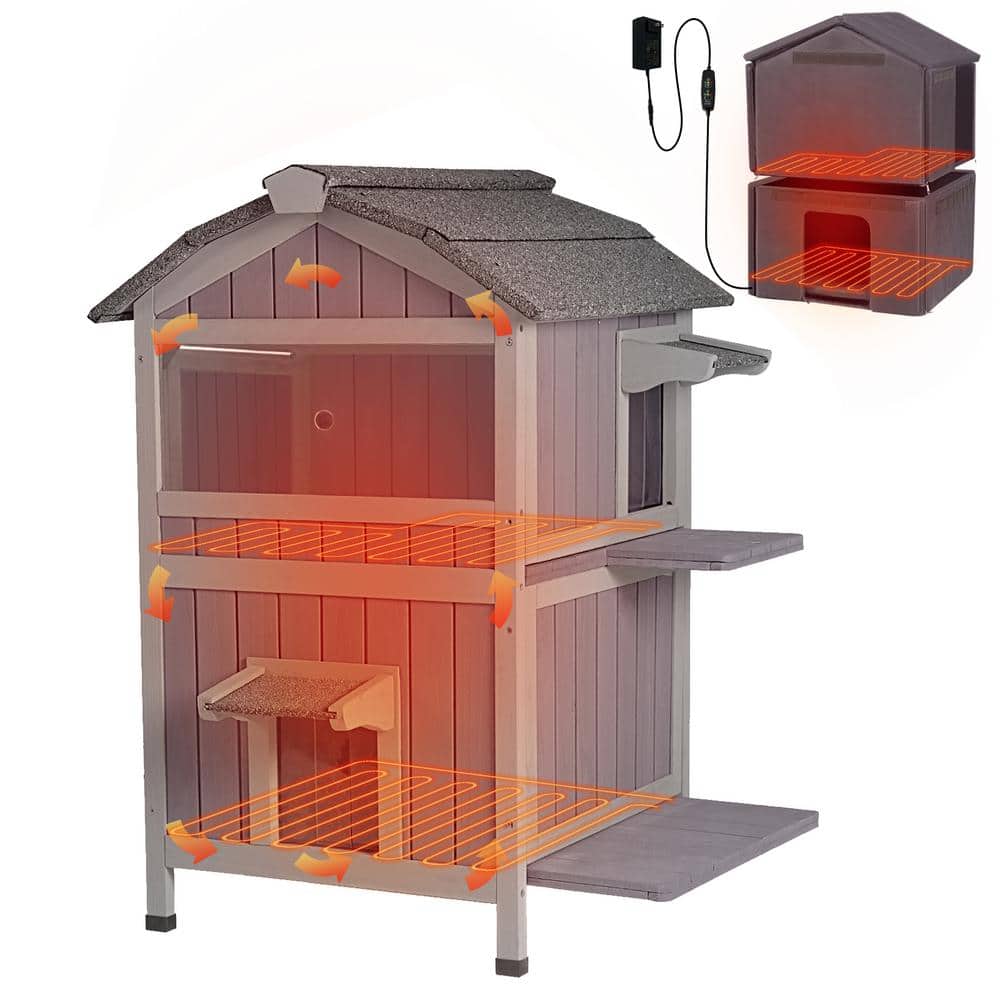 2-Story Heated Cat House with Liner, Weatherproof Cat Shelter for Outdoor, 