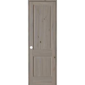 30 in. x 96 in. Knotty Alder 2 Panel Right-Hand Square Top V-Groove Grey Stain Solid Wood Single Prehung Interior Door