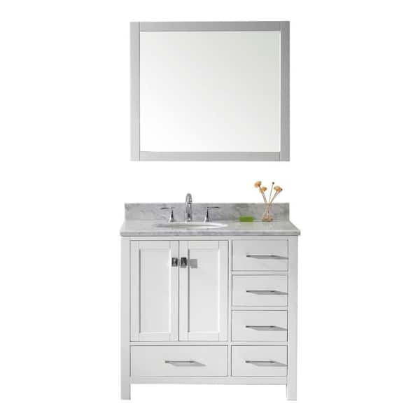 Virtu USA Caroline Avenue 36 in. W Bath Vanity in White with Marble Vanity Top in White with Round Basin and Mirror