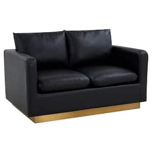 Nervo 55" Mid-Century Modern Upholstered Leather 2-Seater Loveseat With Gold Frame in Black