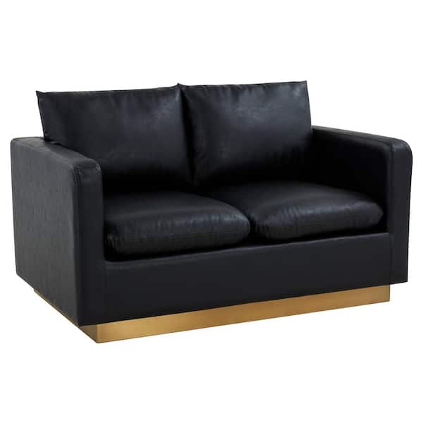 Leisuremod Nervo 55" Mid-Century Modern Upholstered Leather 2-Seater Loveseat With Gold Frame in Black