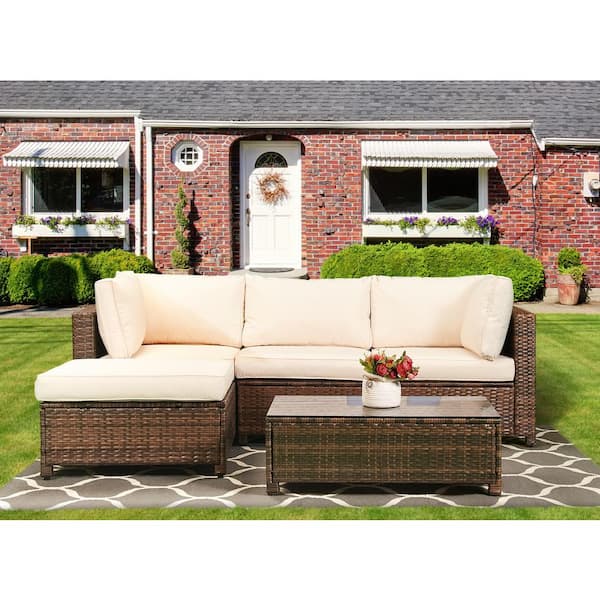 EDYO LIVING 3-Piece Wicker Patio Sectional Seating Set with Beige Cushions