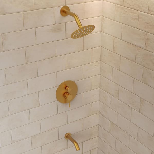 Single Handle 6 in. Wall Mount 1-Spray Tub and Shower Faucet 2.5 GPM in Brushed Gold Valve Included