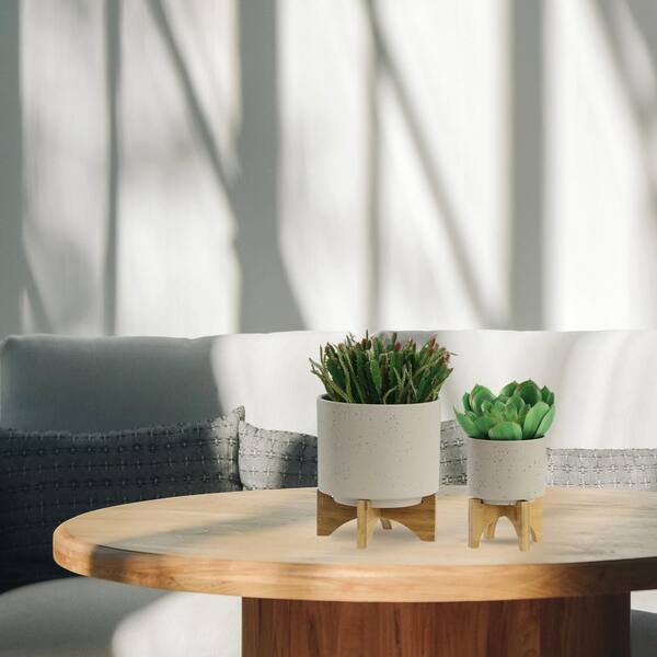 HOTEBIKE 5 in./8 in. Beige Ceramic Planters with Wooden Stand for