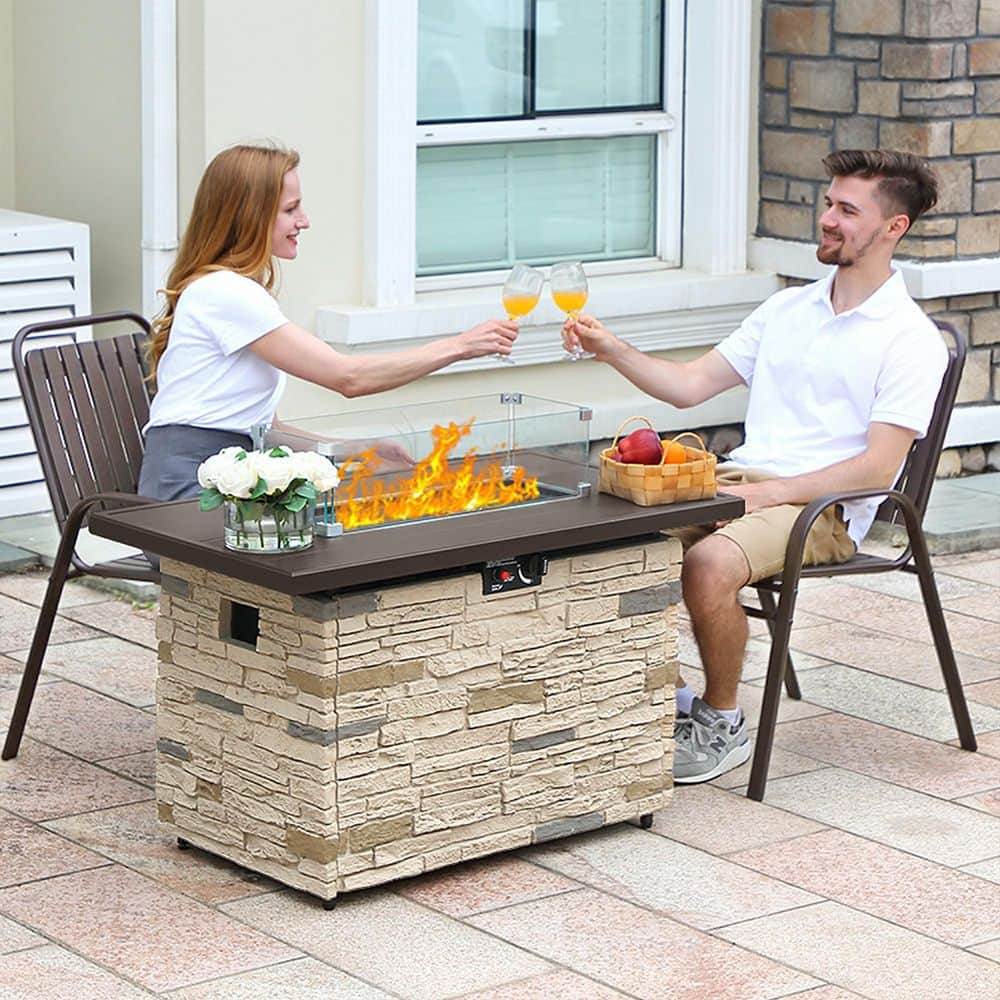 43" Buff Faux Stone Gas Fire Pit Table with Glass Wind Guard