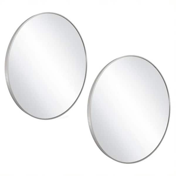 Kenna 28 in. W x 28in. H Brushed Silver Framed Round Modern Decorative Wall Mounted Mirror in Brushed Silver (2-Pack)