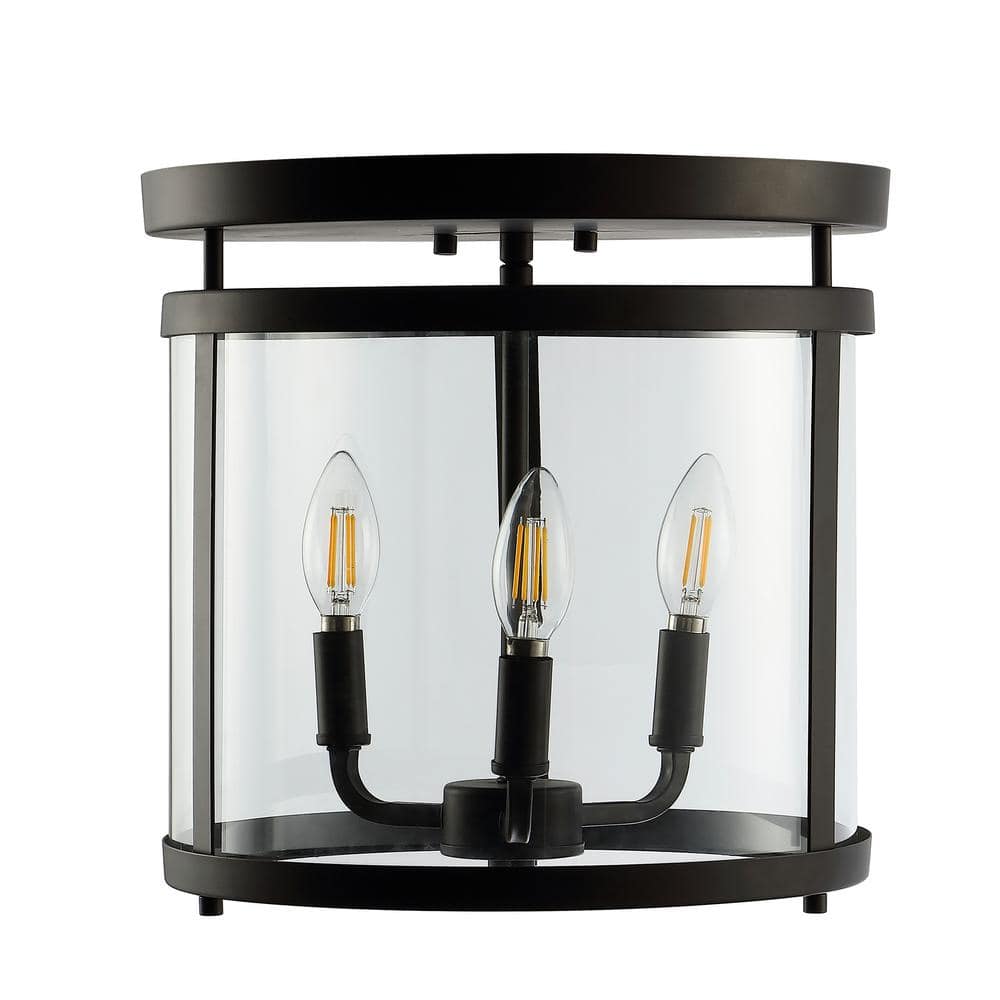 Ciel Simple Farmhouse 12.5" 3-Light Black Iron Glass Flush Mount
