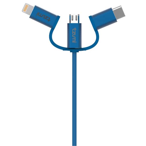 Tzumi 3 ft. 3-in-1 USB Fabric Charging Cable in Blue