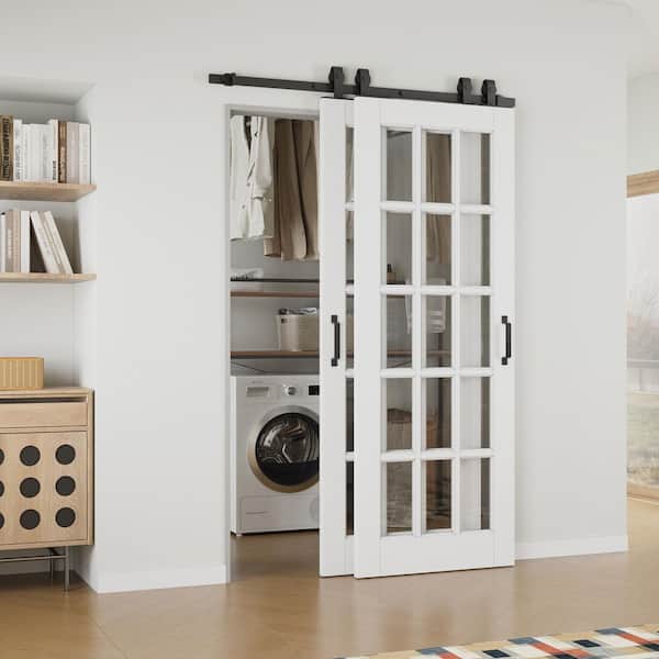 52 in. x 80 in. (Double 30 in.) 15-Lite Clear Glass White Primed MDF Sliding Barn Door with Hardware Kit Bypass