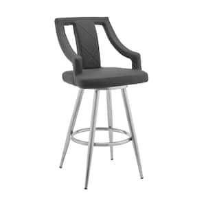 Maxen 26 in. Gray Faux Leather and Brushed Stainless Steel Open Back Swivel Bar Stool