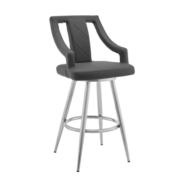 Armen Living Maxen 26 in. Gray Faux Leather and Brushed Stainless Steel Open Back Swivel Bar Stool