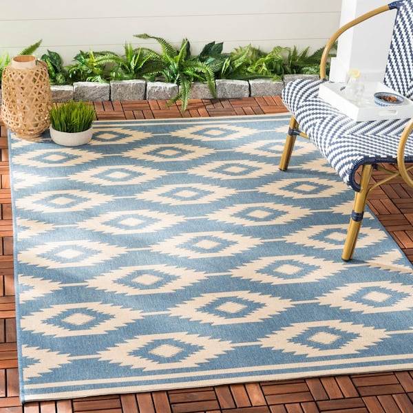 Beach House Cream/Blue Doormat 2 ft. x 4 ft. Southwestern Aztec Indoor/Outdoor Area Rug