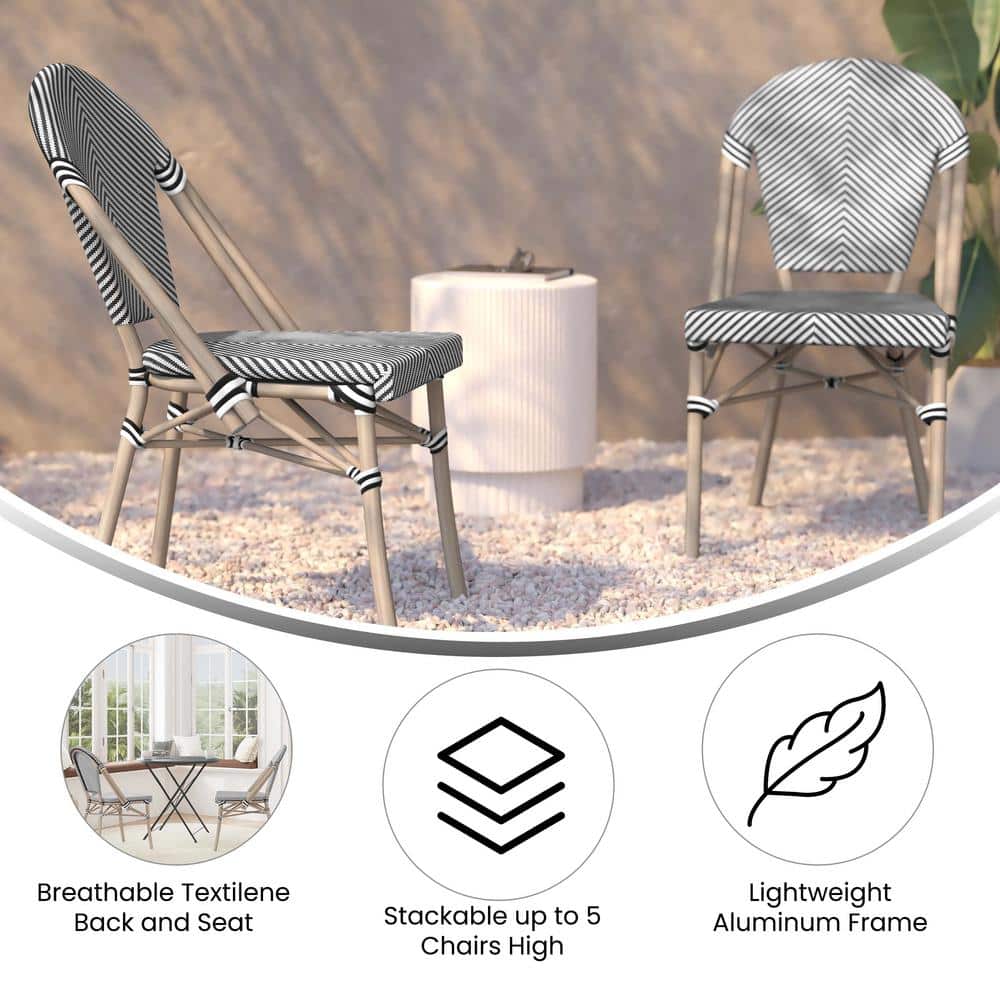 Black and White Armless French Bistro Stacking Chair with Metal Frame
