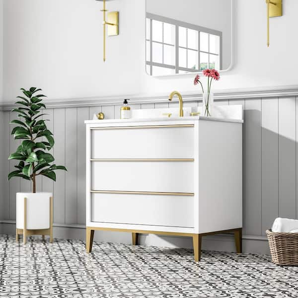 36 in. Freestanding Undermount Single Sink White Bath Vanity with White Quartz Top