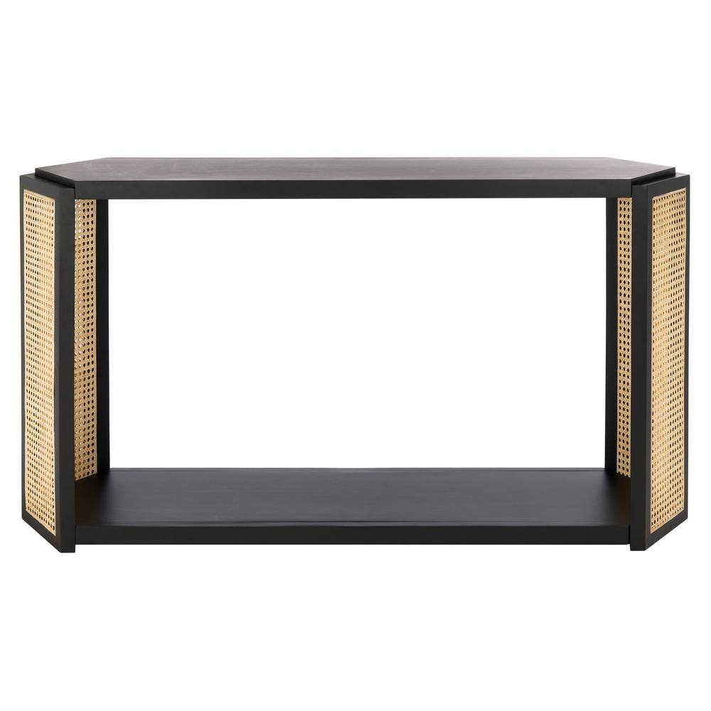 Black Wood Console Table with Woven Rattan Sides