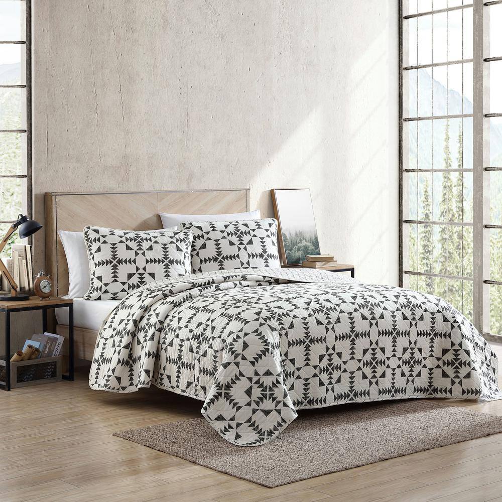 Ivory and Charcoal Cotton Twin Reversible Quilt Set