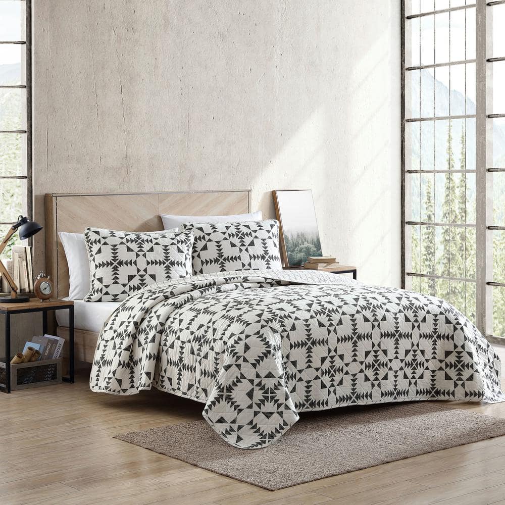 King Size Charcoal and Ivory Cotton Reversible Quilt Set