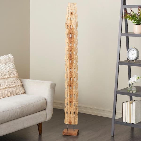 Brown Teak Wood Handmade Tall Floor Cutout Post Abstract Sculpture with Live Edge Base