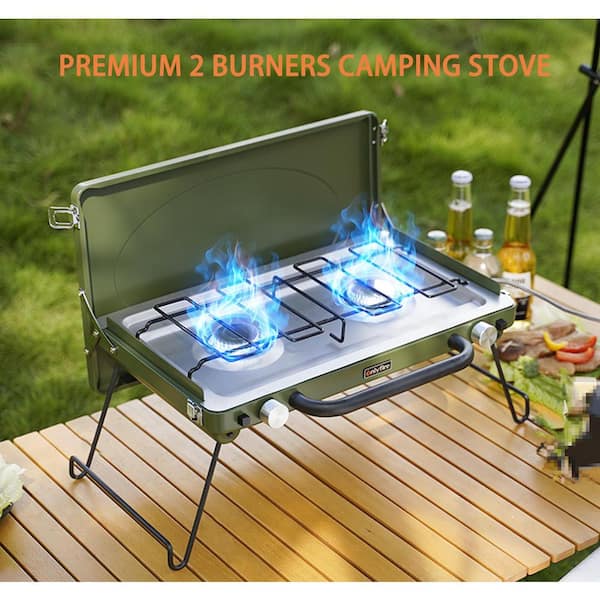 Hitechluxe 2-Burner Portable Propane Gas Grill Griddle Camp Stove in Green  with Foldable Legs, Heavy-Duty Latch & Handle THT144-BK