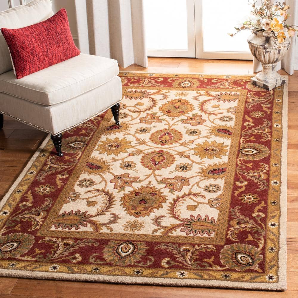 Ivory and Red Hand-Tufted Wool Rectangular Area Rug 5'x8'