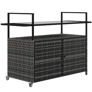 Gray Rattan Patio Serving Cart Kitchen Island with Shelf, Cabinet, Glass Top, Handles, Towel Racks for Poolside, Garden