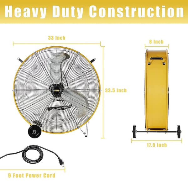 HICFM 30 in. 3-Speeds Drum Fan in Yellow with 1/3 HP Powerful Motor, 5 in. Wheels for Workshop, Industrial Room