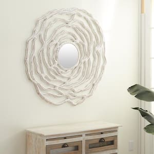 45 in. x 45 in. Carved Round Framed White Floral Wall Mirror with Cutout Design