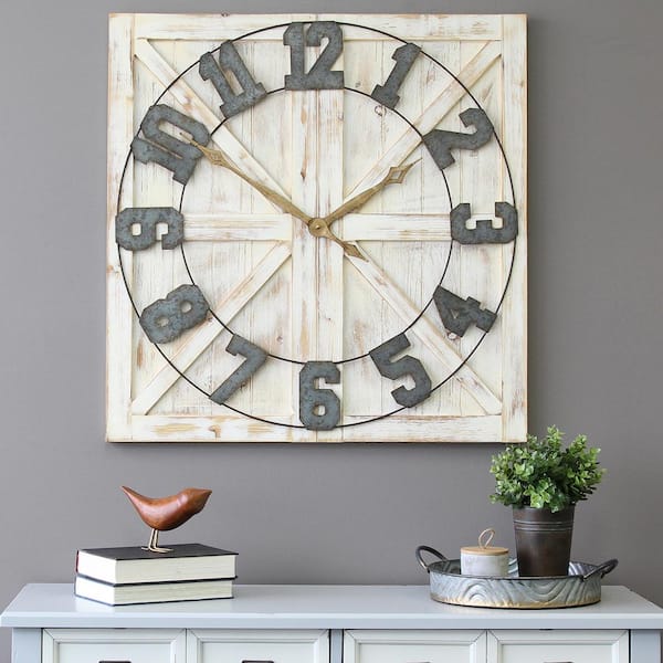Stratton Home Decor White Rustic Farmhouse Wall Clock S11545 The Depot - Wood Plank Wall Art Collection Oversize White Rustic Clock