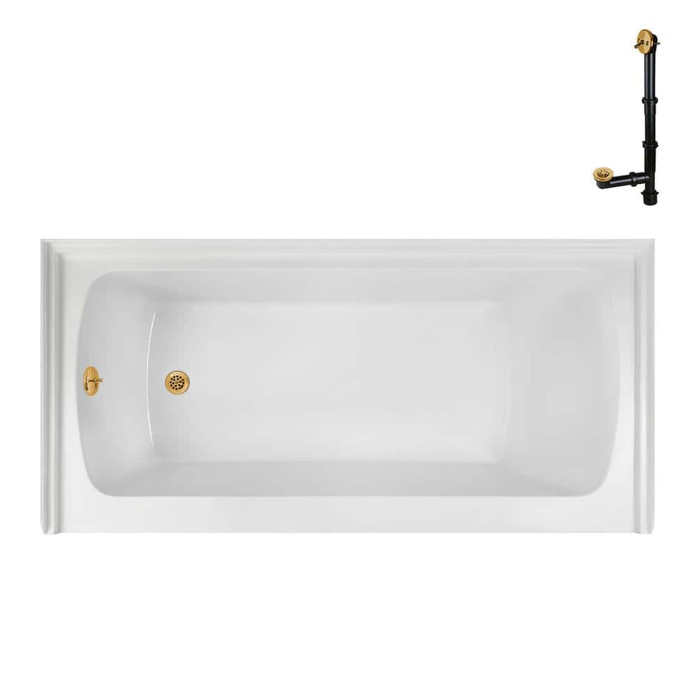 Glossy White Acrylic Alcove Bathtub with Brushed Gold Trim