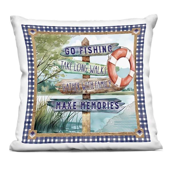 Plaid Border Lake Sign Blue Abstract Polyester 18 in. X 18 in. Throw Pillow