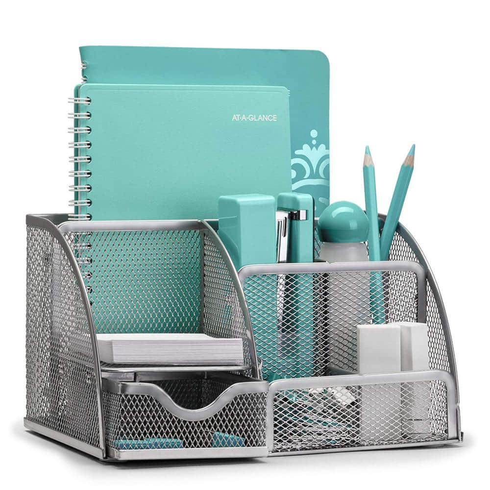 4 Compartments Silver Pro Space Mesh Pencil Holder Office Supplies Organizer 