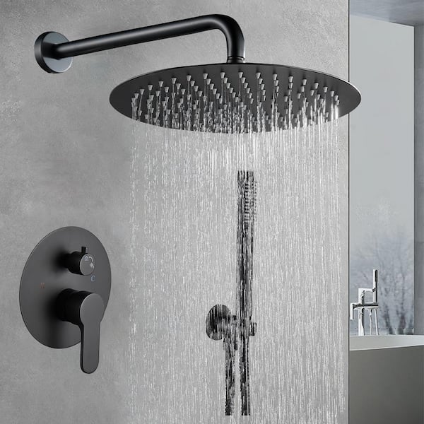 12 in. Single Handle 1-Spray Round Shower Faucet 1.8 GPM with Pressure Balance in Black (Valve Included)