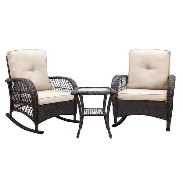 Unbranded 3 Piece Wicker Outdoor Dining Set with Washed Beige Cushion,Rocker Patio Bistro Set,2 Rocking Chairs&Side Table in Brown