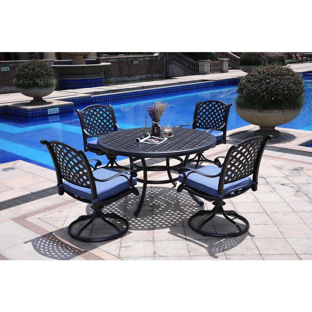 Darling Dark Bronze 5-Piece Aluminum Outdoor Dining Set with Round Table, Swivel Chairs with Blue Cushions -  Mondawe, MA-GCS164